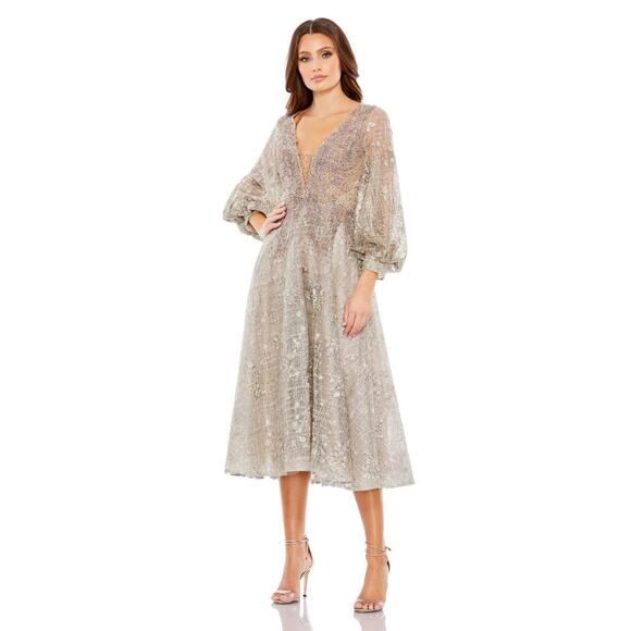 Mac Duggal EMBELLISHED BISHOP Sleeve PLUNGE NECK TAUPE Dress Sz 20 $698 #20391 - Picture 1 of 9